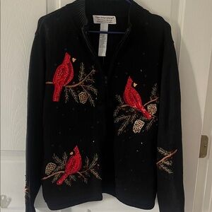 Tiara international Black Cardigan with Red Cardinal Design lg